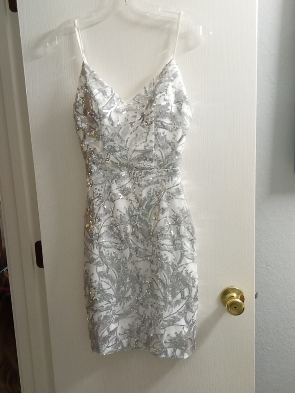 Silver Sequin V-Neck Mini Dress with Spaghetti Straps